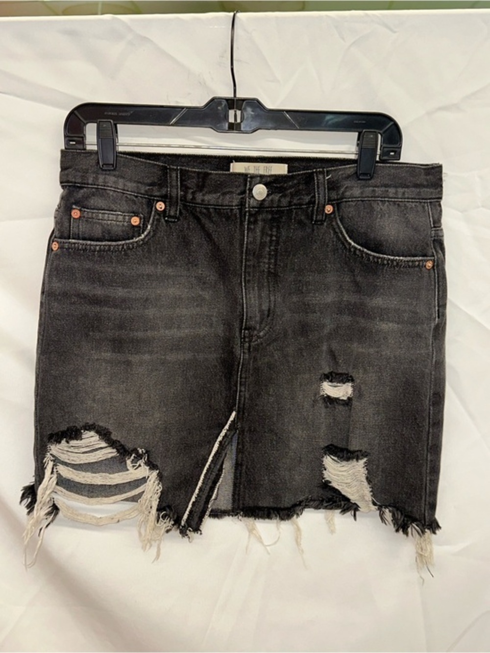 We The Free Black Distressed Denim Mini Skirt